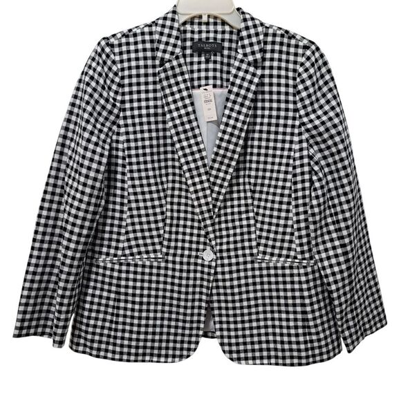 Talbots Linen Blend Preppy Minimal Gingham Blazer Size 12 Petite Black/White NWT - Picture 4 of 15
